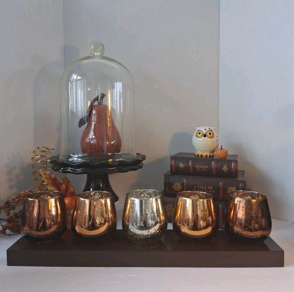Mercury Glass Votive Candle Holder Set w/wood Stand; Gradient Ombre Colors; EUC